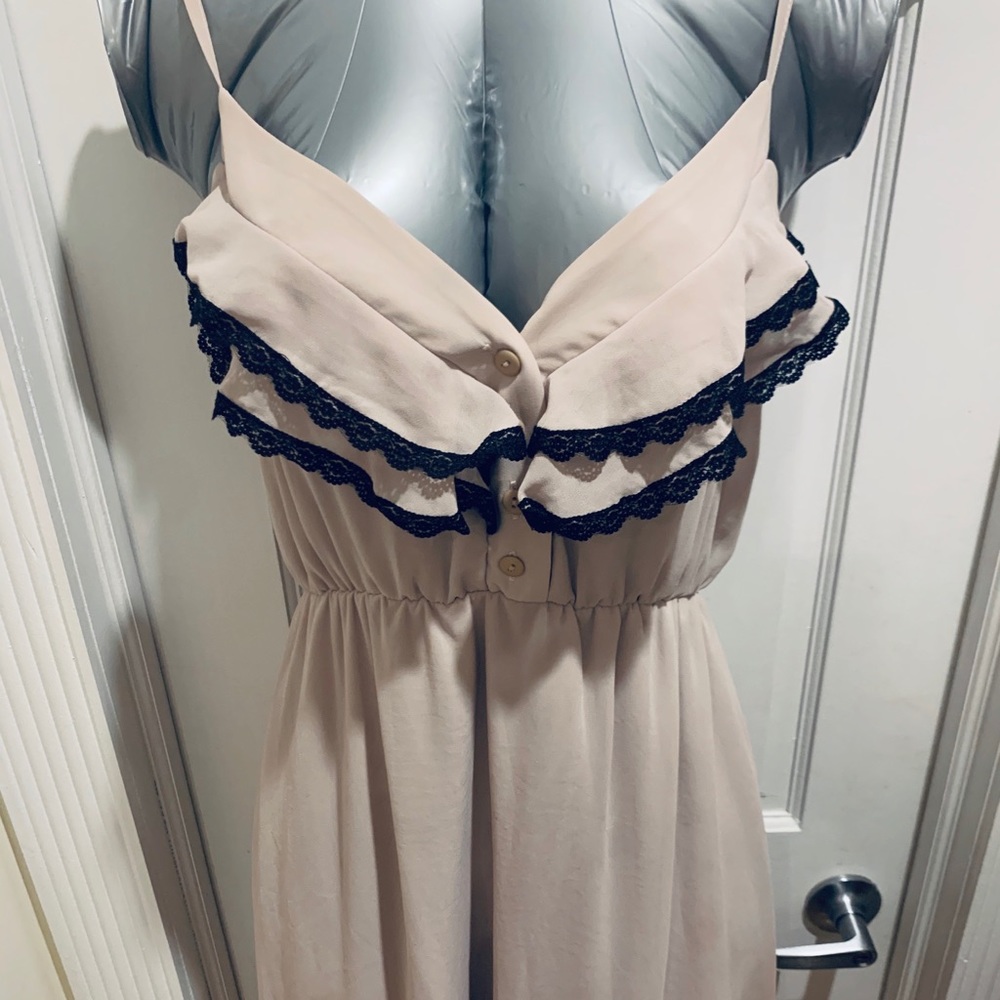 Knee length. Women’s lace detail adorable dress!